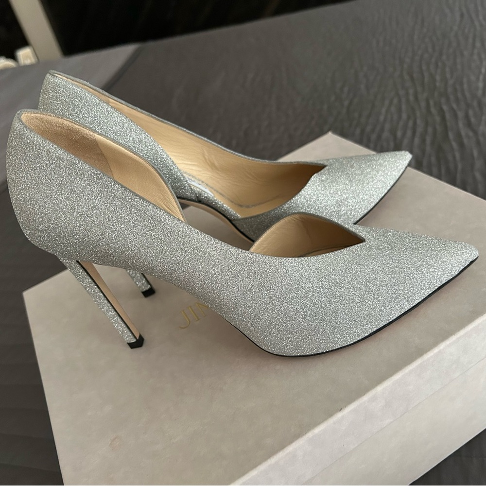 Jimmy Choo, silver glitter pumps in size 38 1/2